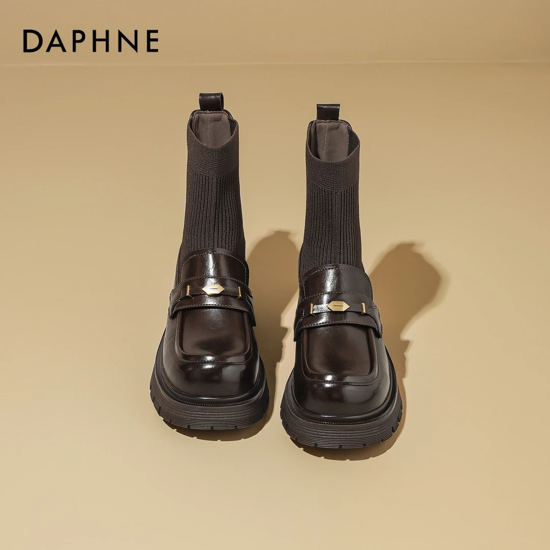 达芙妮2025新款玛丽珍袜靴女小个子瘦瘦靴乐福小皮鞋棕色厚底短靴