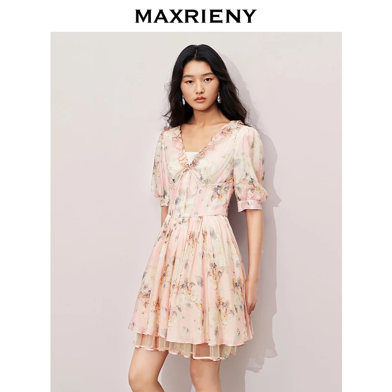 MAXRIENY【浪漫上新-商场同款】浪漫度假风印花连衣裙蓬蓬裙