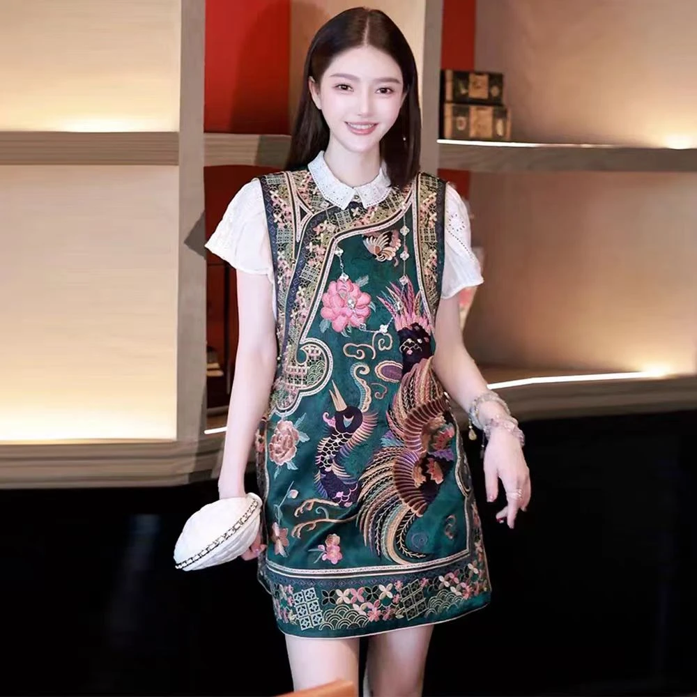 云锦 春秋季新中式国风独特别致设计感重工刺绣中长款马甲连衣裙