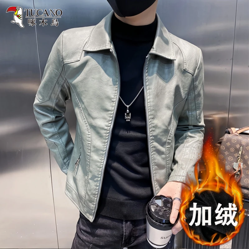 啄木鸟男士秋冬季潮牌短款皮衣外套2025新款休闲加厚加绒机车夹克