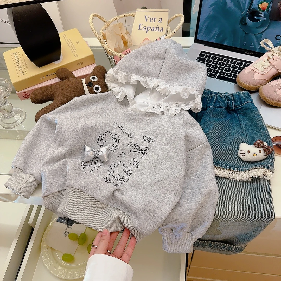 25儿童卫衣2025秋季休闲百搭蝴蝶结拼接蕾丝休闲连帽衣服洋气舒服