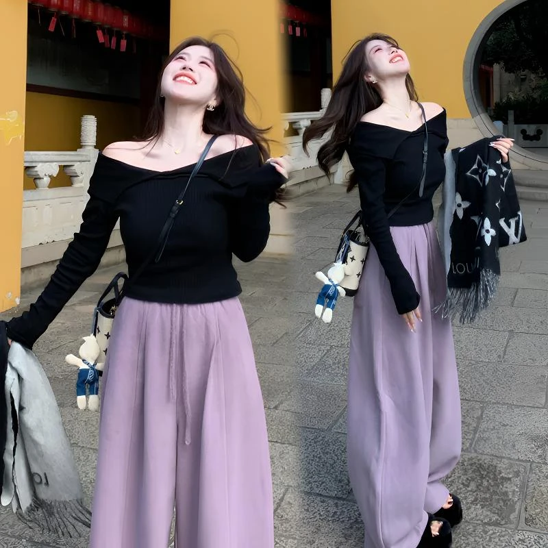 2025秋季新款一字肩针织上衣搭高腰阔腿裤显瘦休闲日常百搭