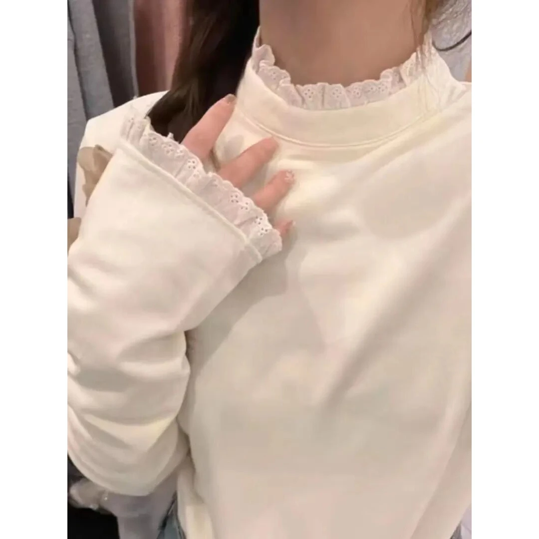 蕾丝花边半高领德绒打底衫女2024新款秋冬加绒白色木耳边内搭上衣
