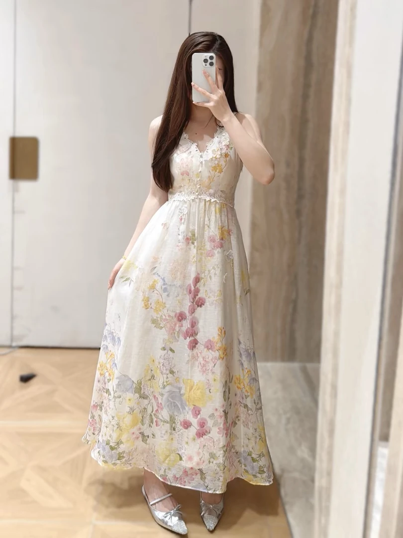 花颜颜印花吊带连衣裙收腰设计气质优雅法式中长裙