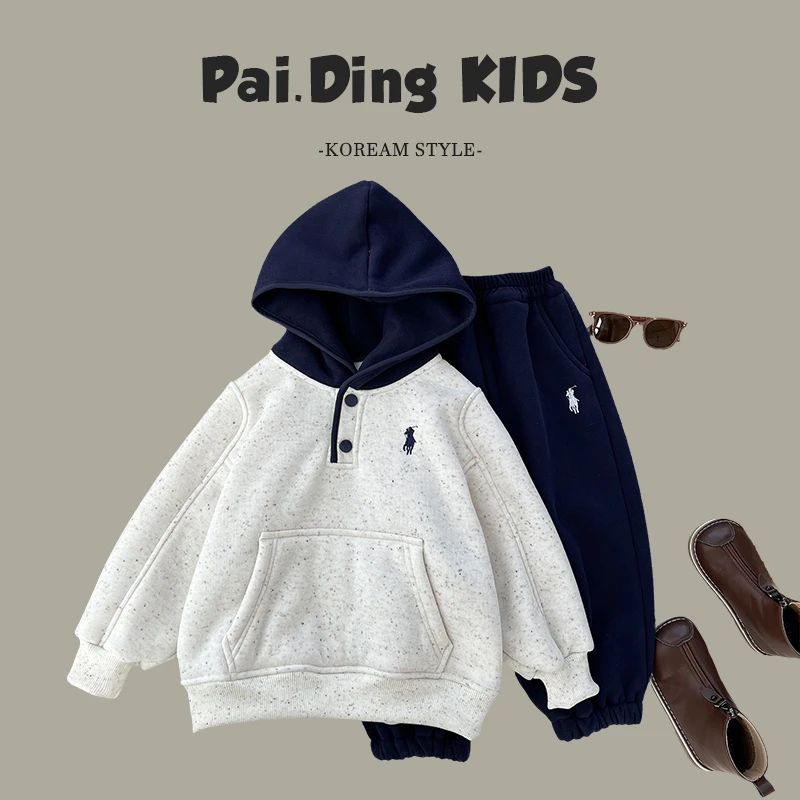 冬装儿童韩版潮流简约刺绣标撞色休闲保暖两件套装HCXZ3810-QQQQ