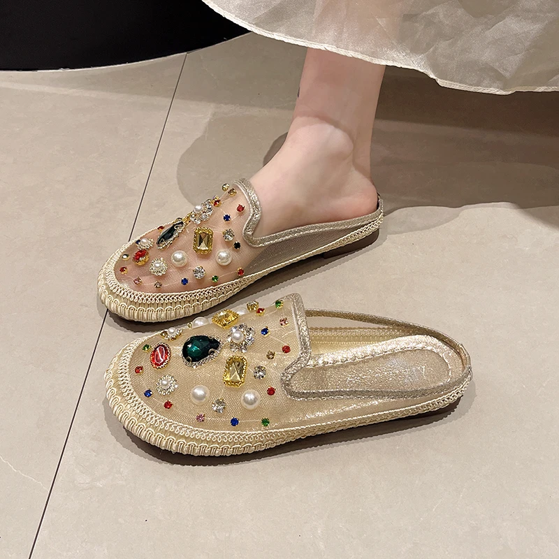 网面水钻渔夫鞋女一脚蹬半拖鞋2025新款夏季外穿懒人休闲平底单鞋