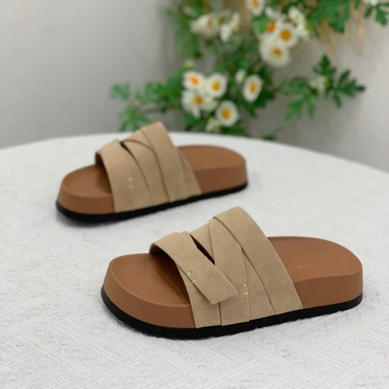 2025夏季新款复古磨砂皮多巴胺一字拖鞋女透气外穿厚底简约凉拖鞋