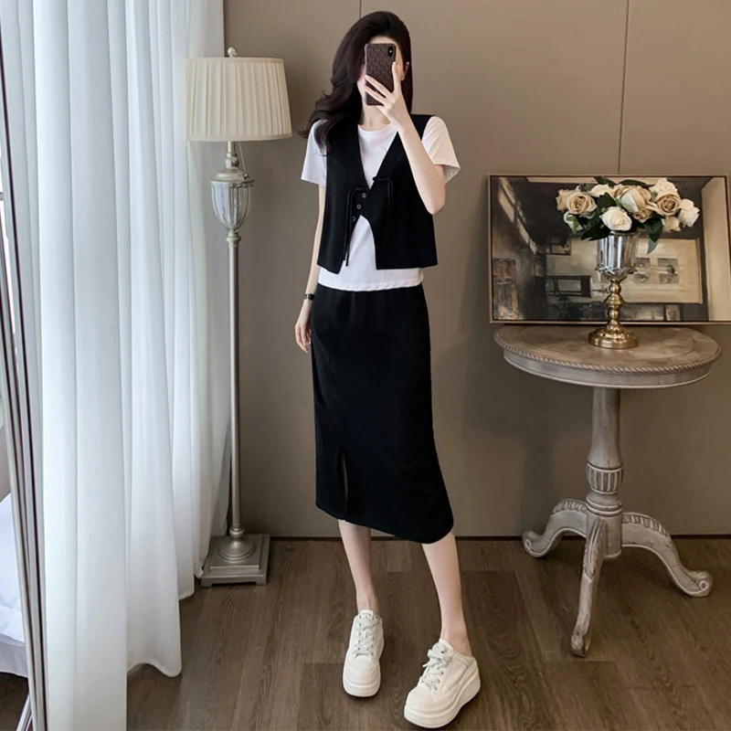 减龄遮肉时尚休闲马甲T恤半身裙子新中式国风三件套装裙女夏洋气