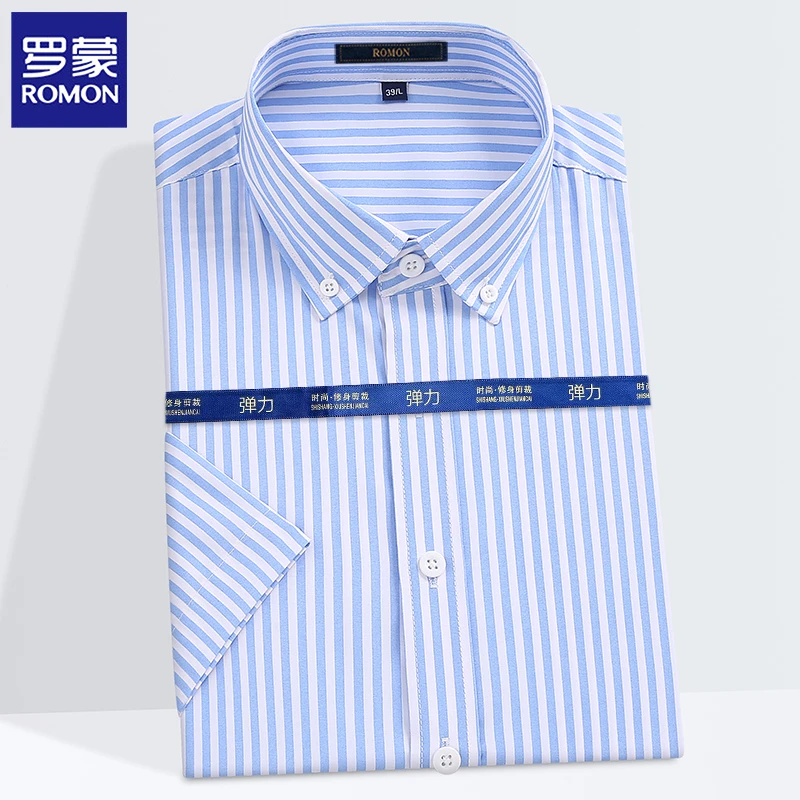 罗蒙夏季新款男士蓝条纹衬衫中青年透气凉感免烫休闲弹力半袖衬衣