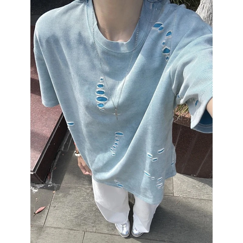 美式不规则破洞短袖男夏季设计感小众水洗做旧t恤高级感痞帅半袖