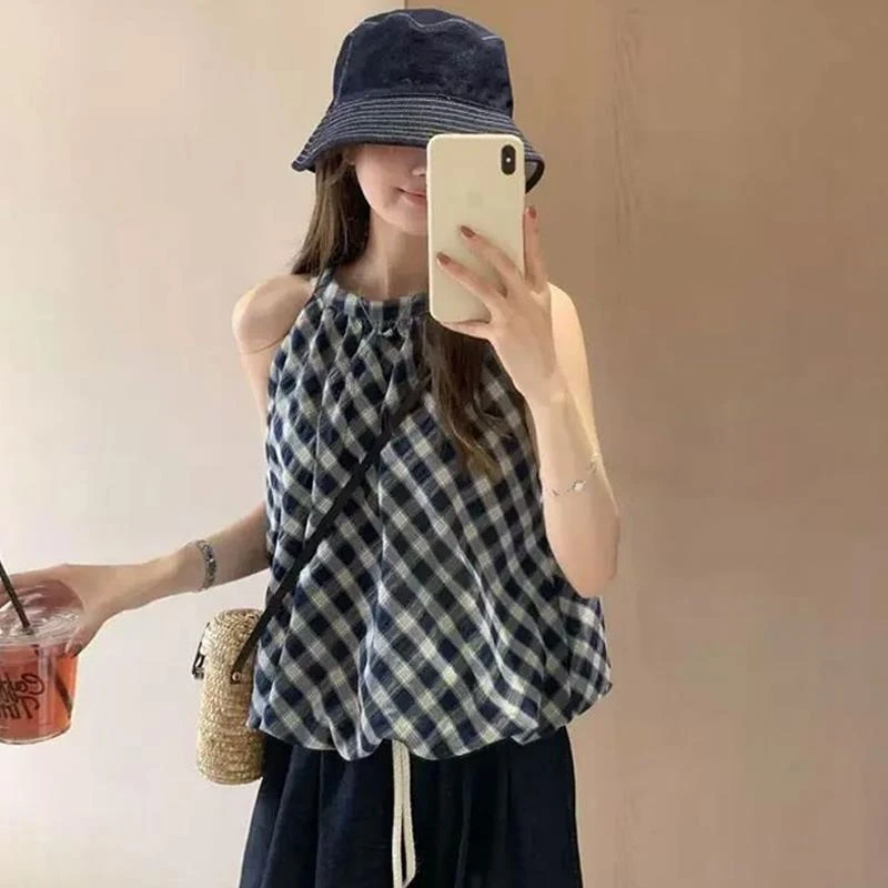 法式韩系高级感挂脖背心2025年夏季新款休闲宽松短款花苞T恤ins