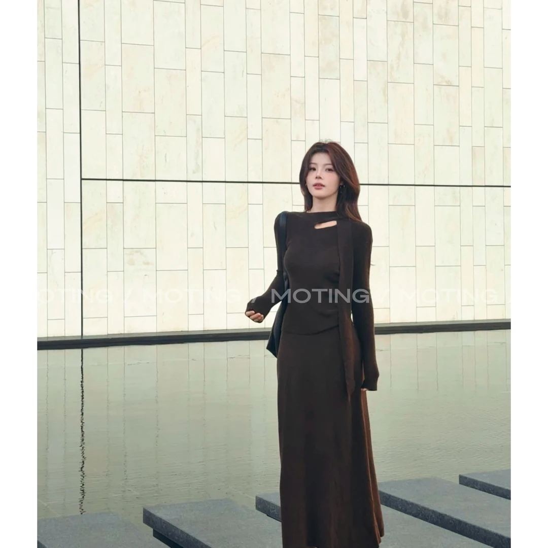 时尚套装女装针织长袖长裙显瘦秋冬修身收腰飘带上衣套装半身裙