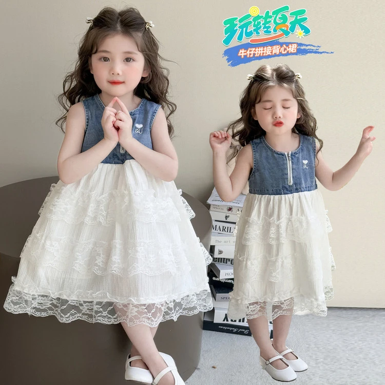女童背心裙夏装儿童洋气休闲百搭牛仔芭蕾风网纱裙连衣裙2025新品