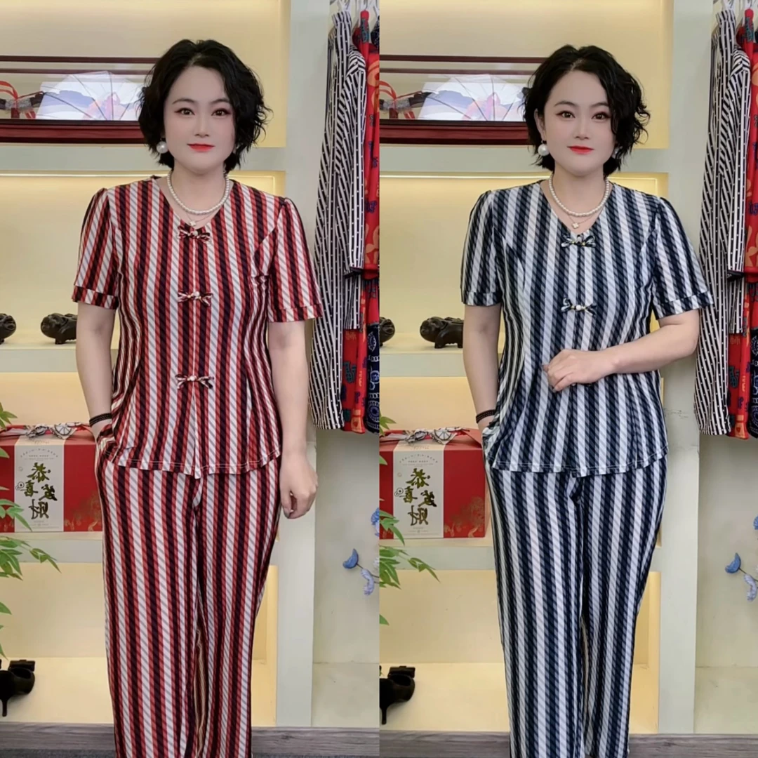 2025夏季新款时尚V领复古国风盘扣经典条纹套装中老年两件套
