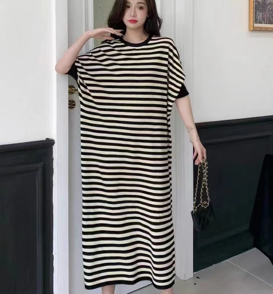 YM【013】条纹宽松长裙条纹短袖t恤女装打底透气凉爽丝针织连衣裙