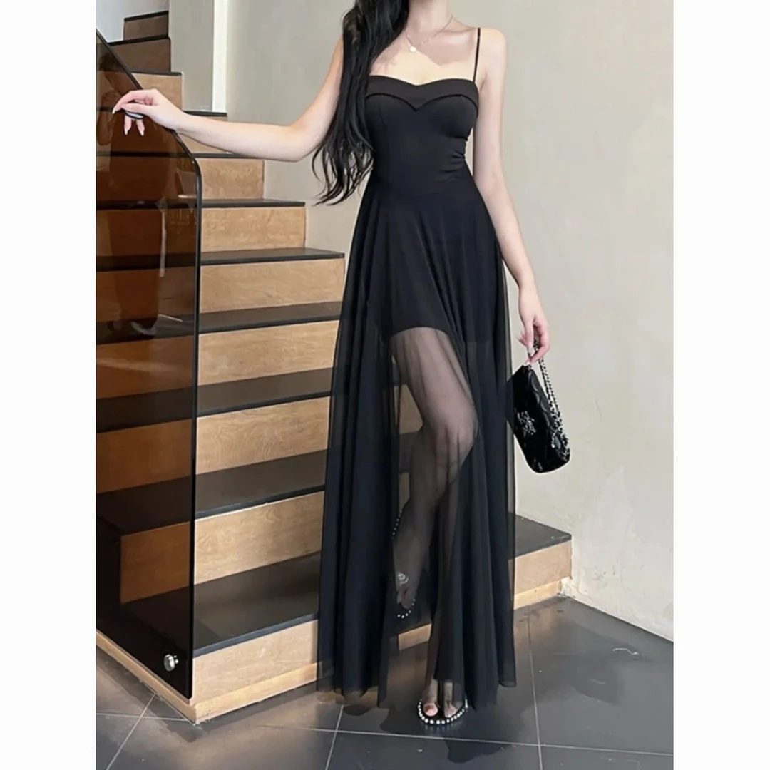 法式黑色网纱抹胸连衣裙女2025夏季新款气质拼接收腰显瘦长裙礼服