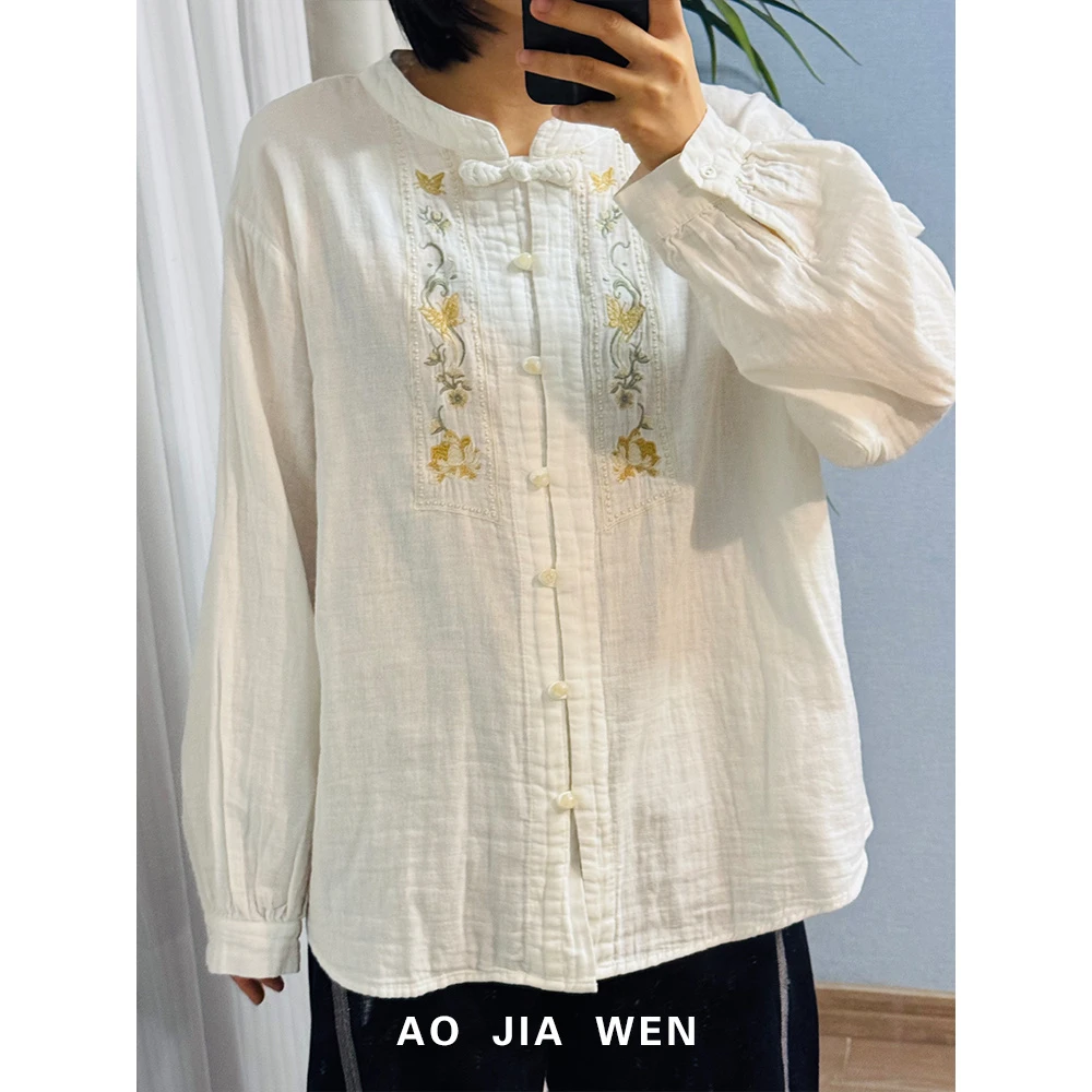 【佳文定制】2076双层棉纱亚妈妈宝宝棉休闲长袖衬衫绣花衬衣