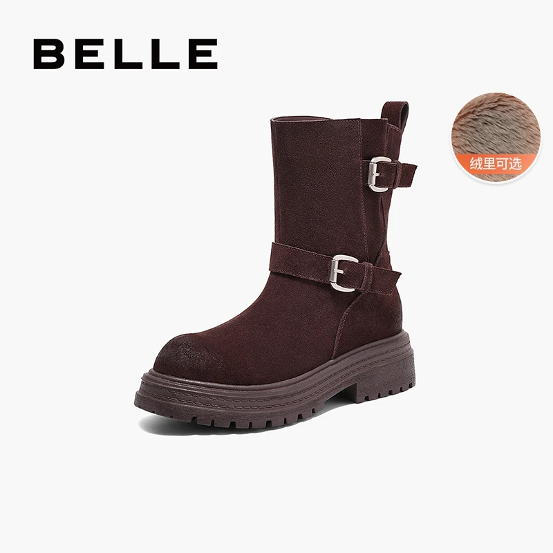 百丽复古休闲厚底圆头西部靴女冬季新款户外时尚短筒靴B2282DZ4