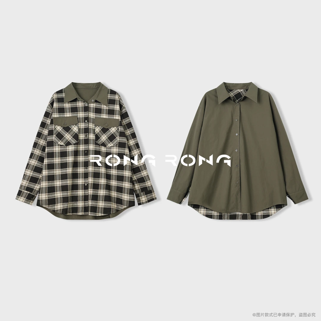 溶溶【文学腔调】RONGRONG 100棉极简风格纹两面穿衬衣外套25C8575