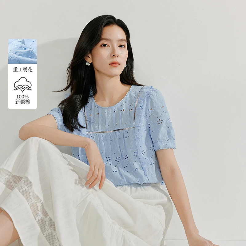 【茵曼服装】茵曼甜美重工镂空绣花木耳边衬衣短袖上衣18525847