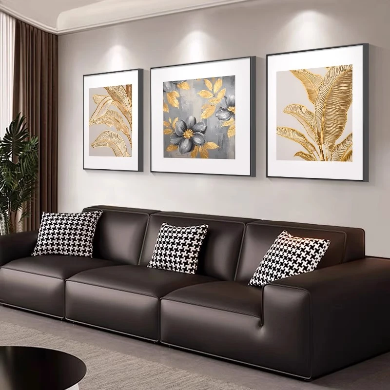 现代简约金色叶子客厅装饰画高档轻奢三联沙发背景墙挂画艺术壁画