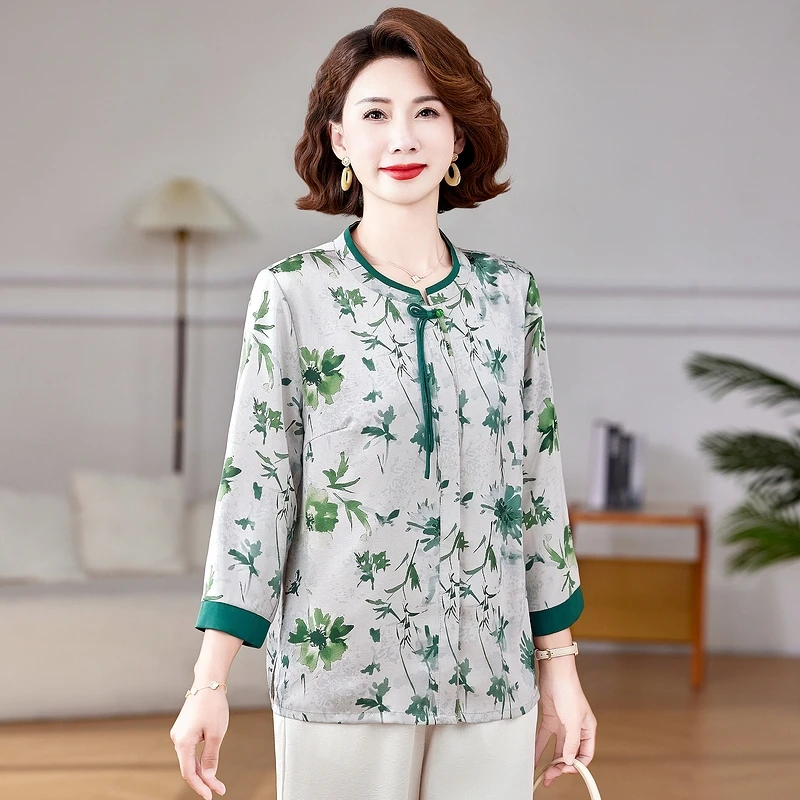 圆领中老年女装中国风雪纺小衫夏季夏装薄款女装大码妈妈装洋气