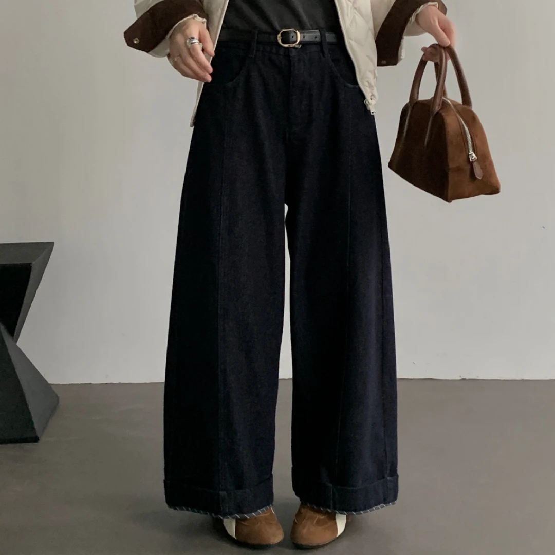 桔子推荐翻边磨毛牛仔阔腿裤