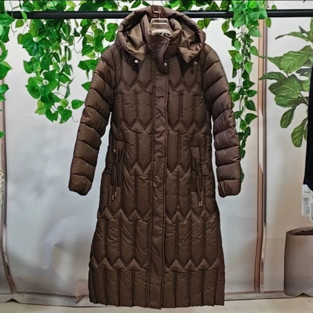 7708冬季加厚长款连帽棉服女款女气质修身腰带过膝外套