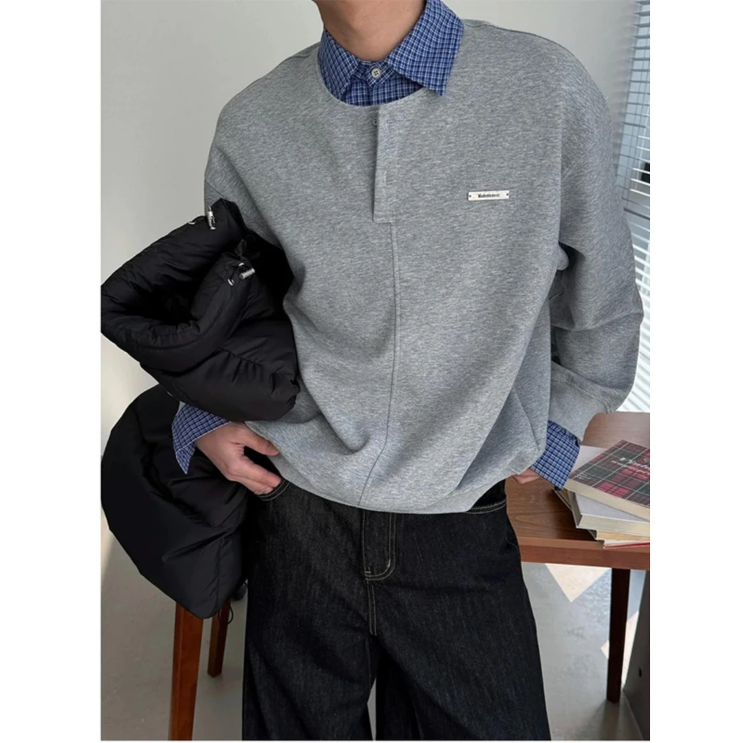 学院风格子拼接假两件卫衣男设计感衬衫领长袖polo衫春季T恤上衣