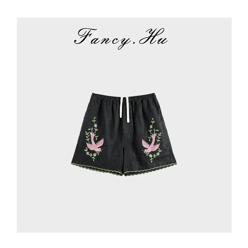【Fancy.Hu】100%亚麻松弛干印花刺绣短裤FG2602172