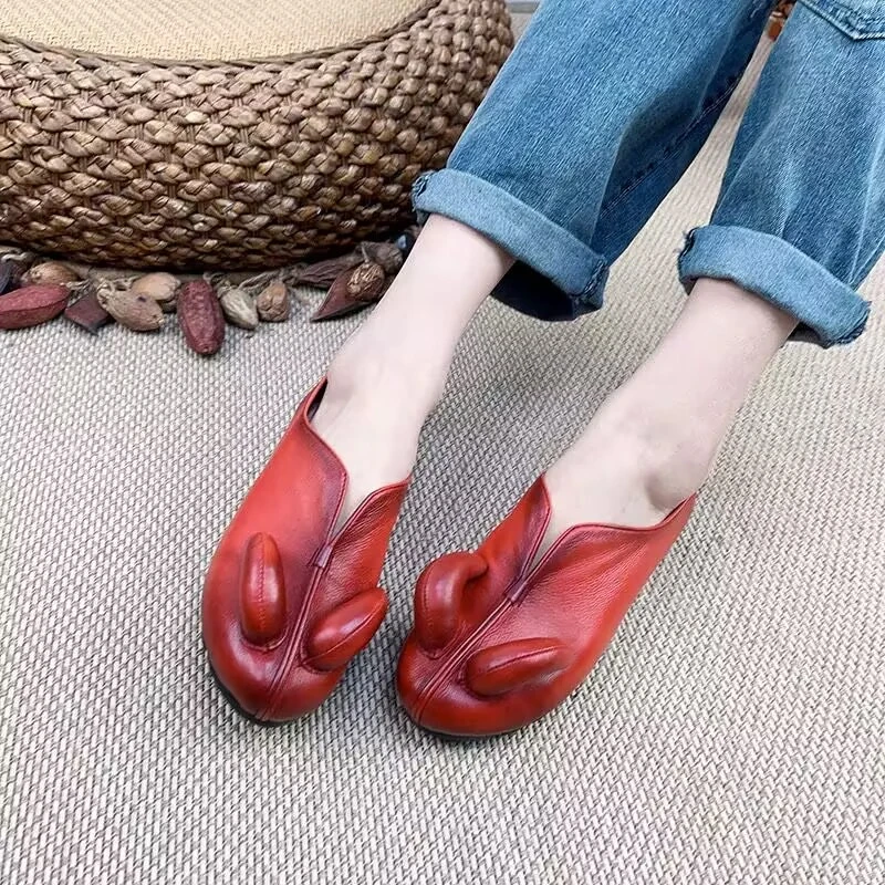 原创个性手工真皮牛皮休闲复古软底浅口牛角羊角豆豆女鞋妈妈单鞋