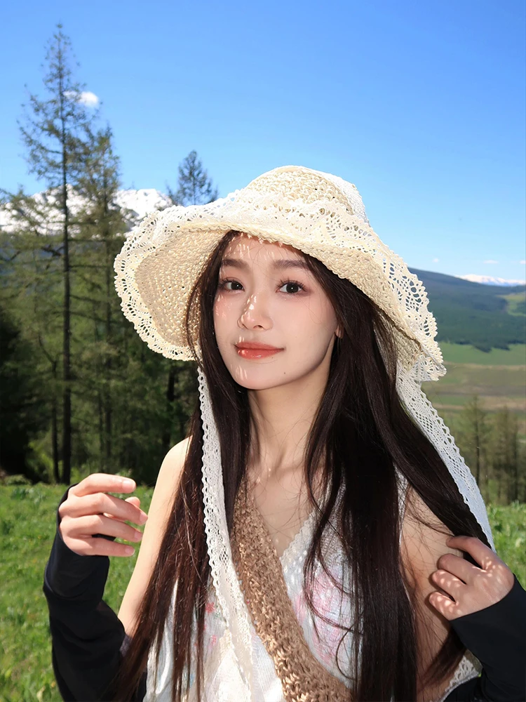 法式草帽女新款夏季新款透气蕾丝花边镂空防晒帽海边帽子遮阳帽子