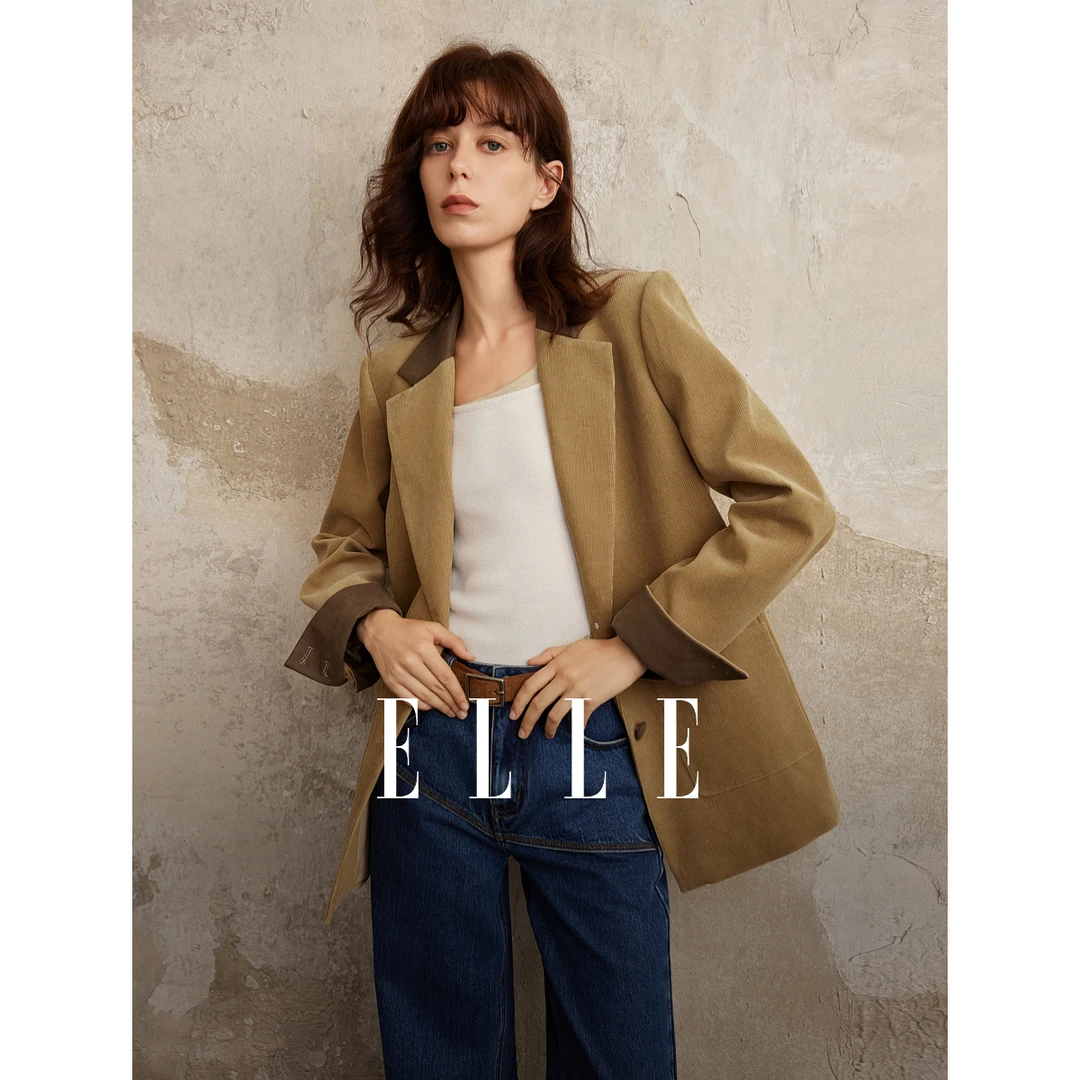 ELLE女装灯芯绒廓形西装外套2025秋季新款正肩时髦西服EX52488