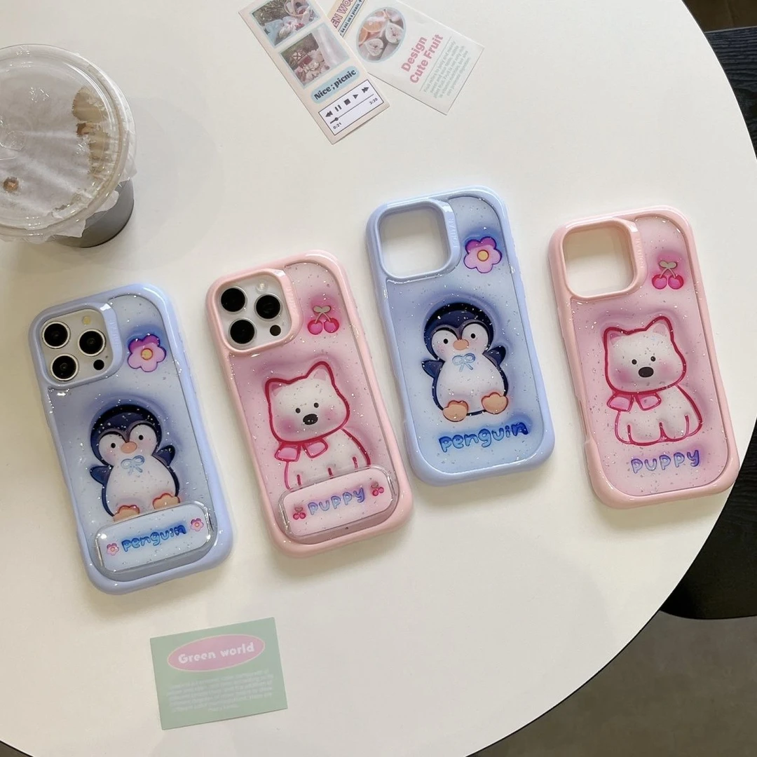 银闪粉卡通企鹅西高地小狗支架适用于iPhone15手机壳全包苹果16女