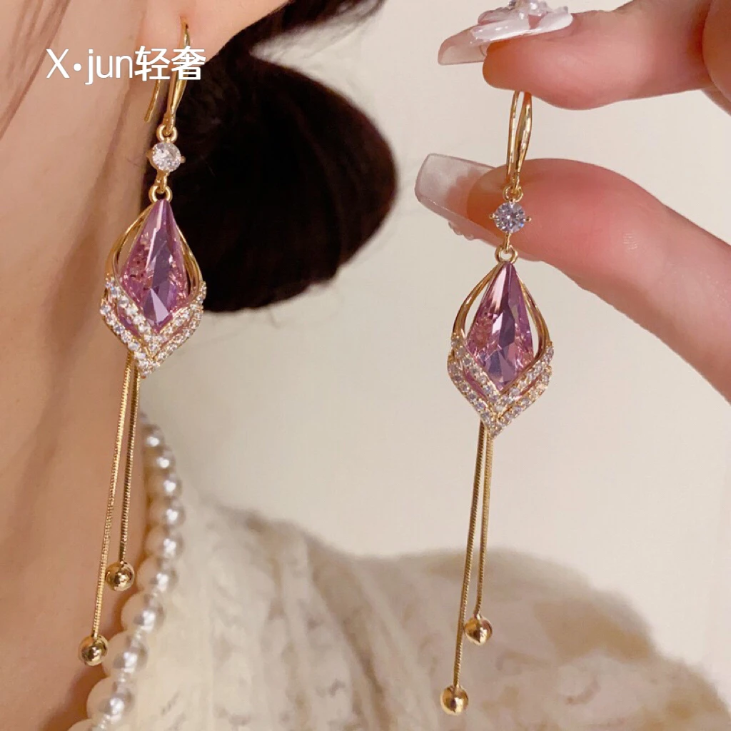铜合金耳饰 超仙紫色水滴镶钻流苏耳钩轻奢高级感长款显脸瘦耳饰