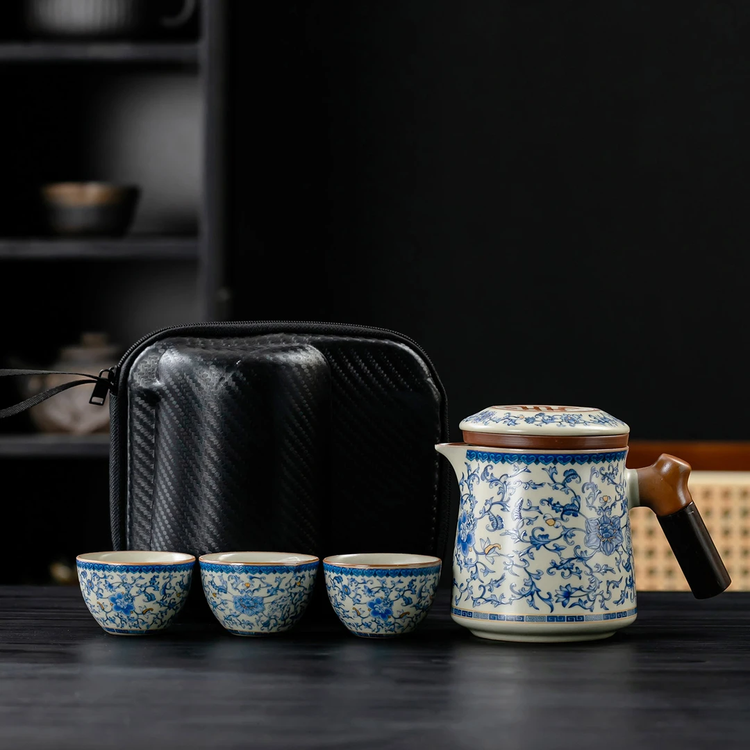 汝窑旅行茶具套装一壶三杯便携式快客杯户外露营泡茶壶茶杯收纳包