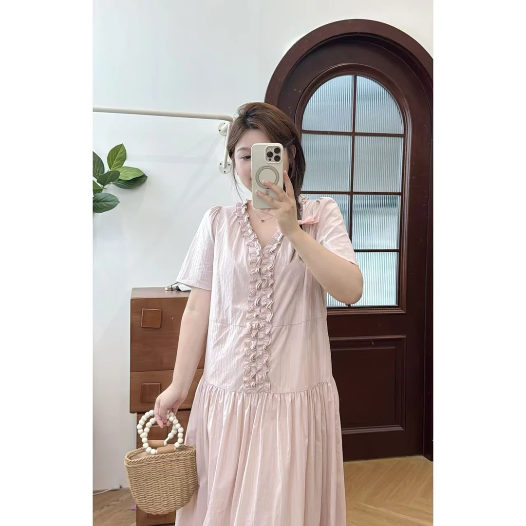 晶咕佳佳【泡芙博物馆】木耳边设计感甜美V领连衣裙气质舒适时尚