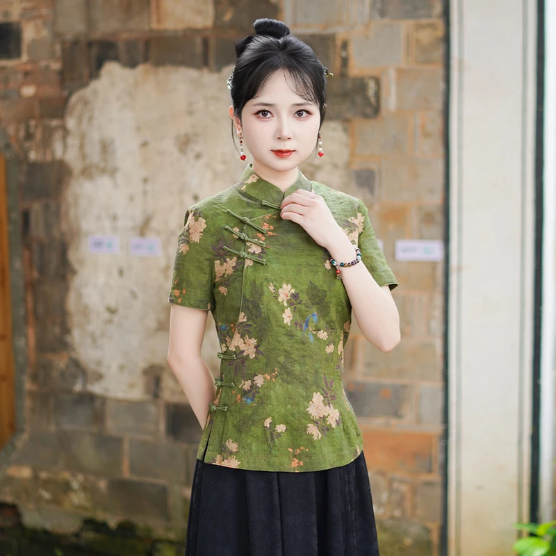 筠雅夏季新款改良中式唐装上衣女中国风年轻款斜襟短袖上衣25J169