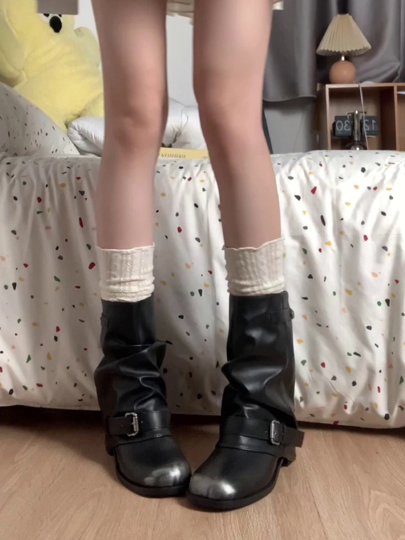 牛皮版~经典款百搭高级气质靴子时尚舒适骑士靴皮带扣圆头褶皱靴