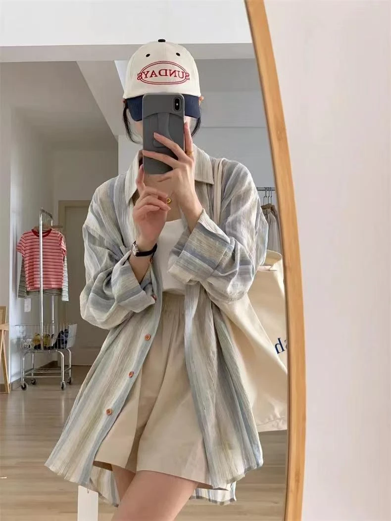 【现货送运险】条纹长袖夏季防晒落肩袖印染衬衫春夏中长款格子