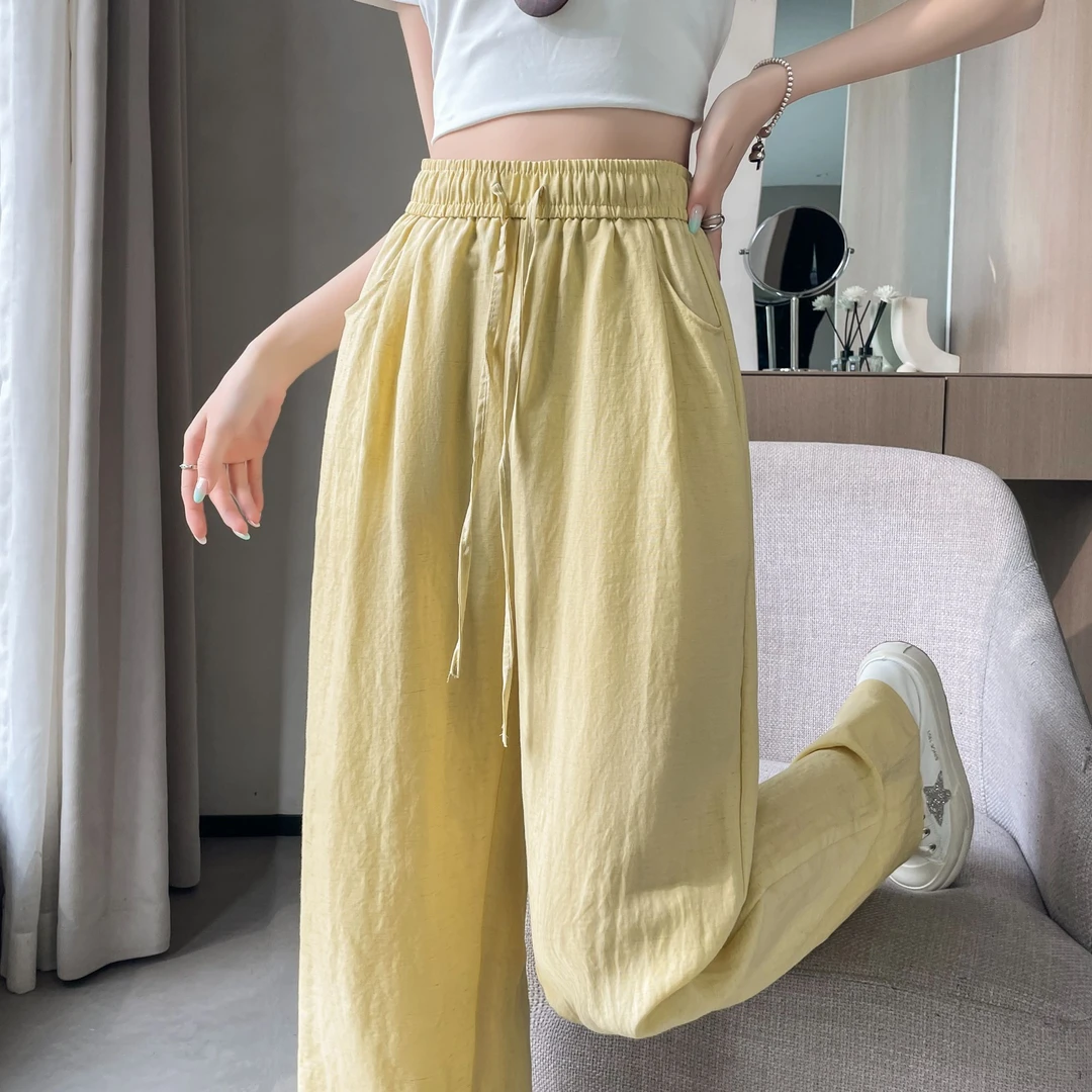 天丝亚麻阔腿裤女夏季薄款高腰休闲冰丝裤女夏天宽松窄版直筒裤子