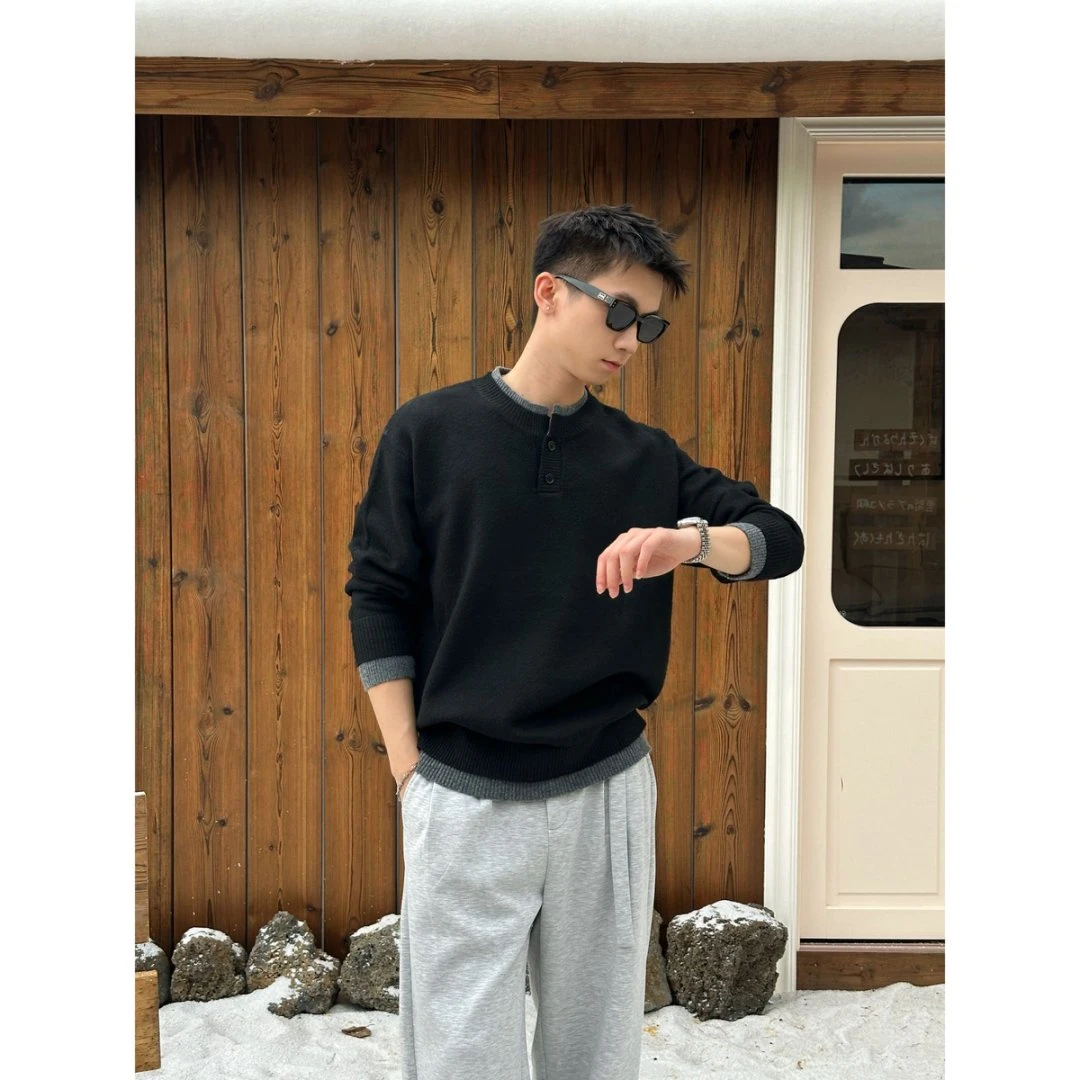 Winson|[羊毛混纺撞色设计]秋季重磅亨利领针织衫假两件长袖毛衣