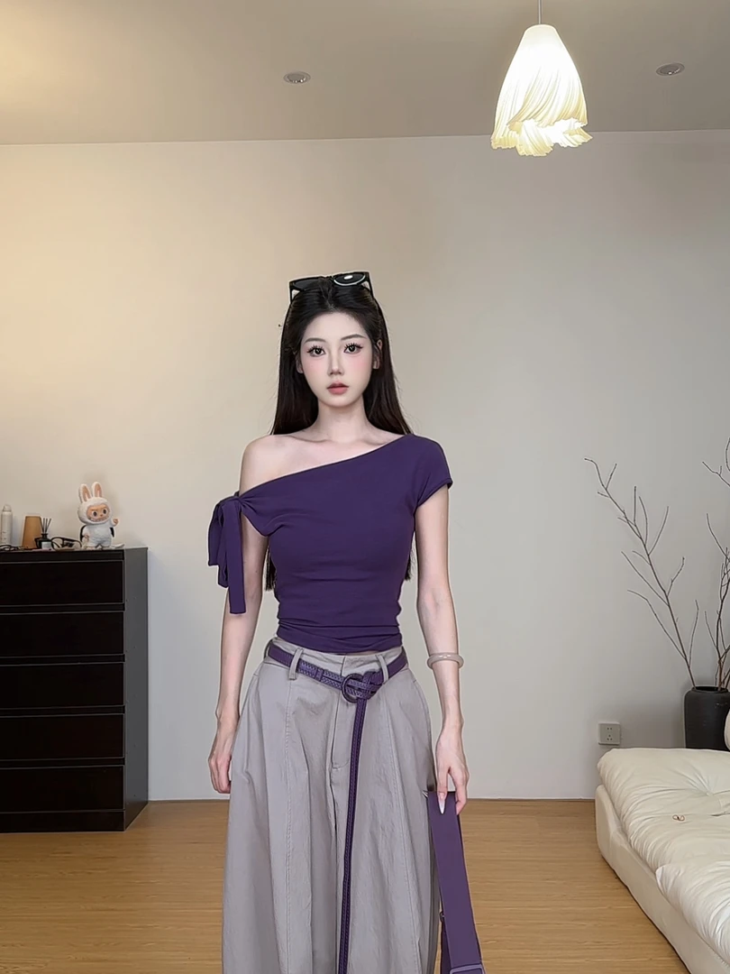 （6-8运贴）“一衣多穿”送绑带修身短袖T恤可绑带蝴蝶结上衣