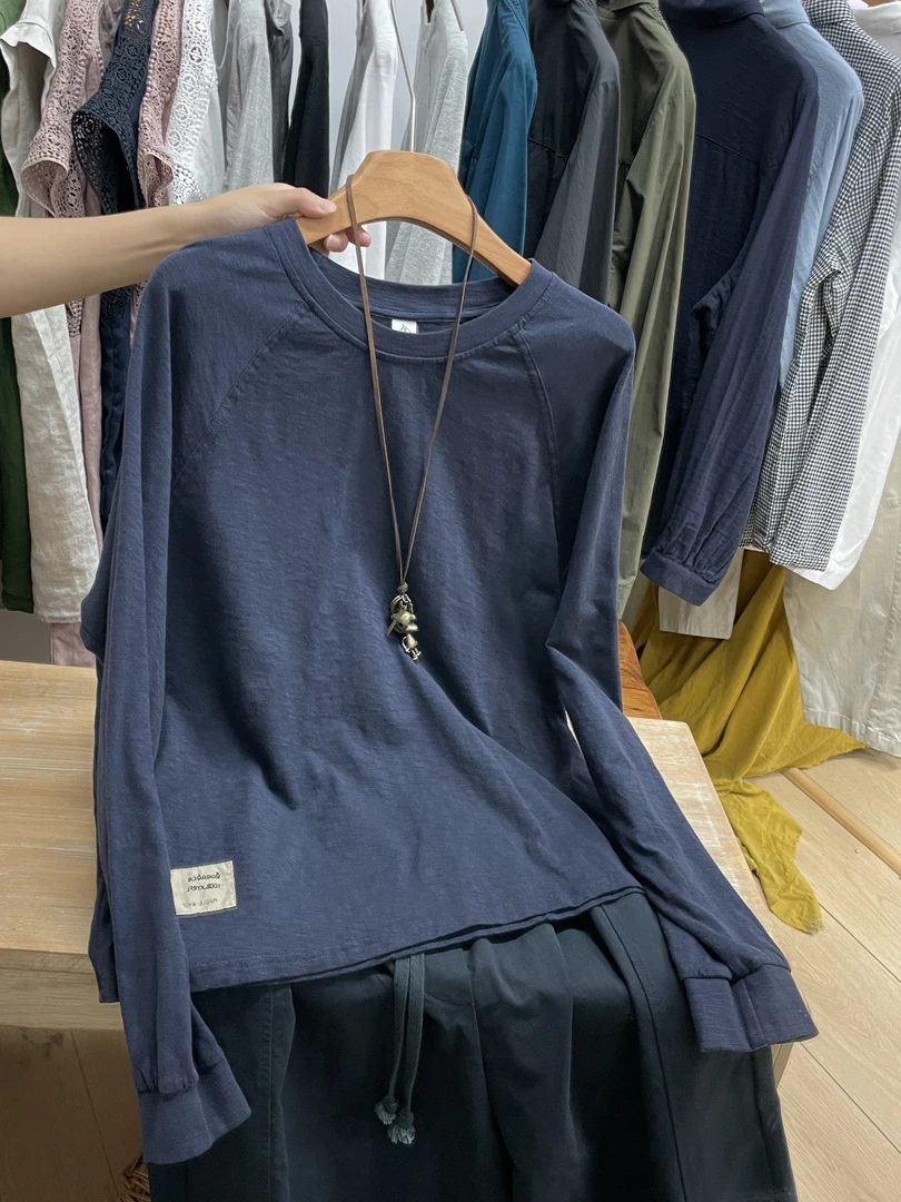 纯棉慵懒时尚圆领气质长袖T恤女2025秋冬新品落肩袖贴标打底衫女