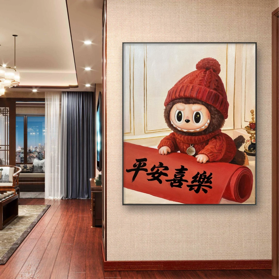 纯手绘油画【平安喜乐布布】卡通风沙发背景墙装饰画客厅挂画