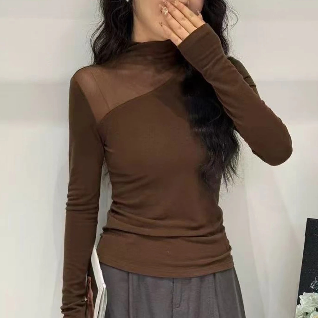 女长袖拼接秋季女款磨毛修身T恤百搭气质堆堆领修身，金金15