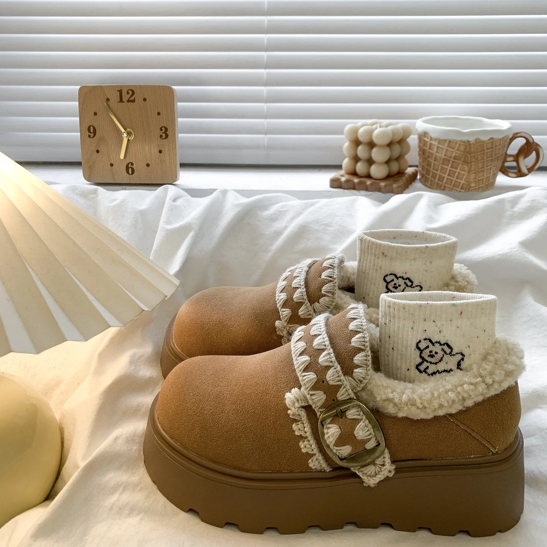 啄木鸟复古厚底刺绣勃肯鞋加绒雪地靴女2025新款秋冬低帮乐福棉鞋