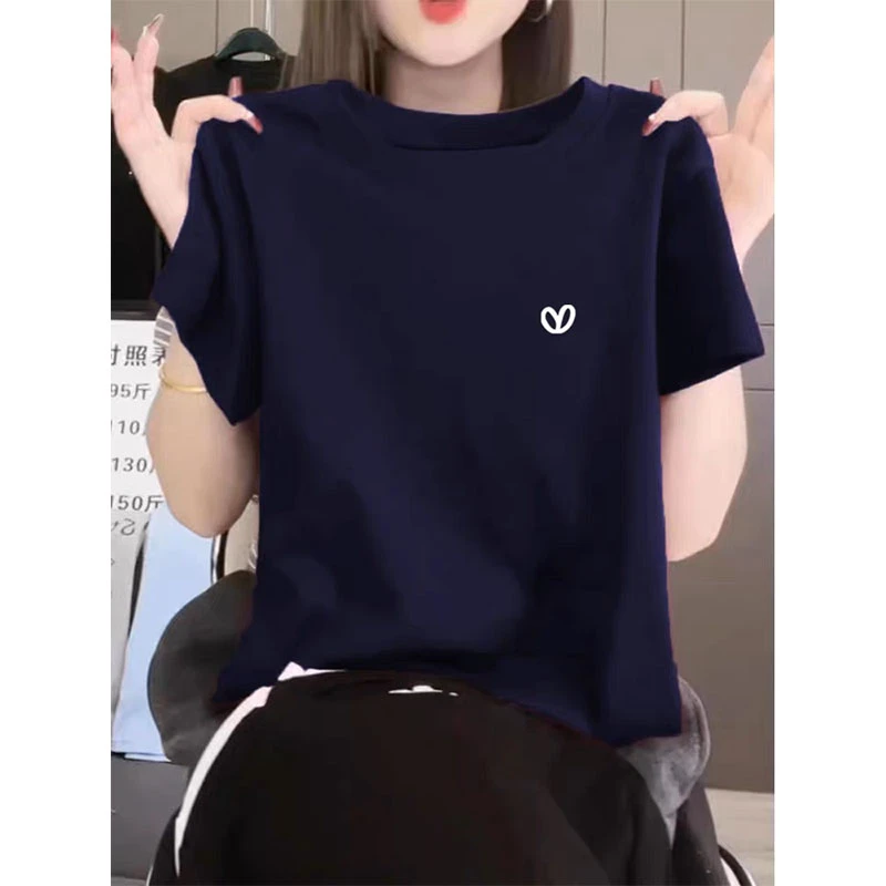 藏青色设计感圆领正肩印花短袖t恤女2025新款时尚洋气上衣夏季潮