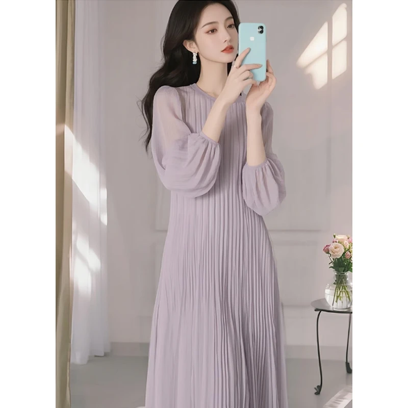 2025春季慵懒风简约时尚绝美压褶长袖紫色连衣裙女款