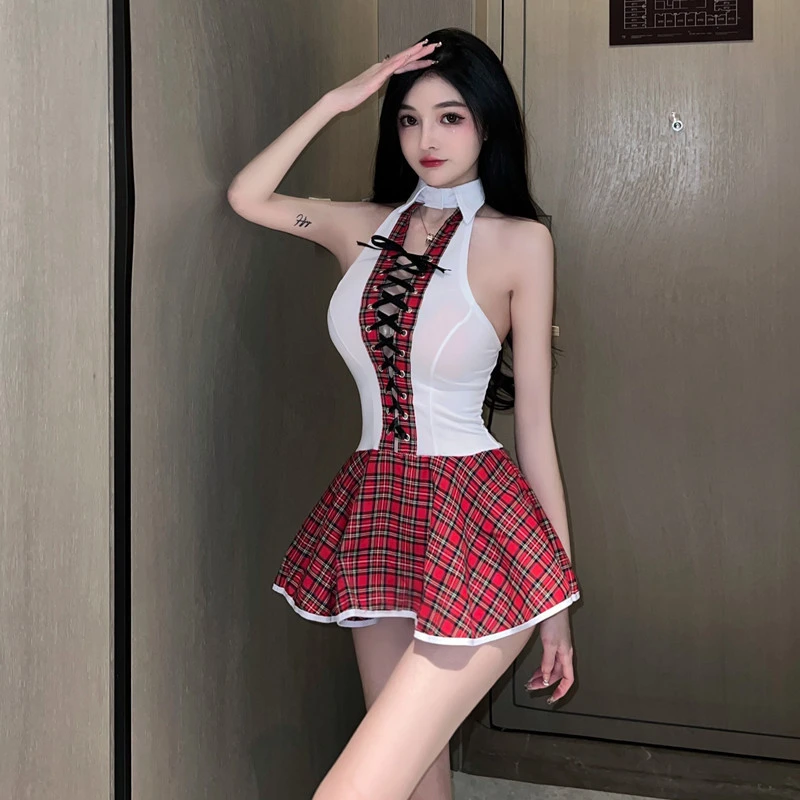 智慧屋二次元COS学生装英伦学生红格子捆绑连体套装女上衣性感